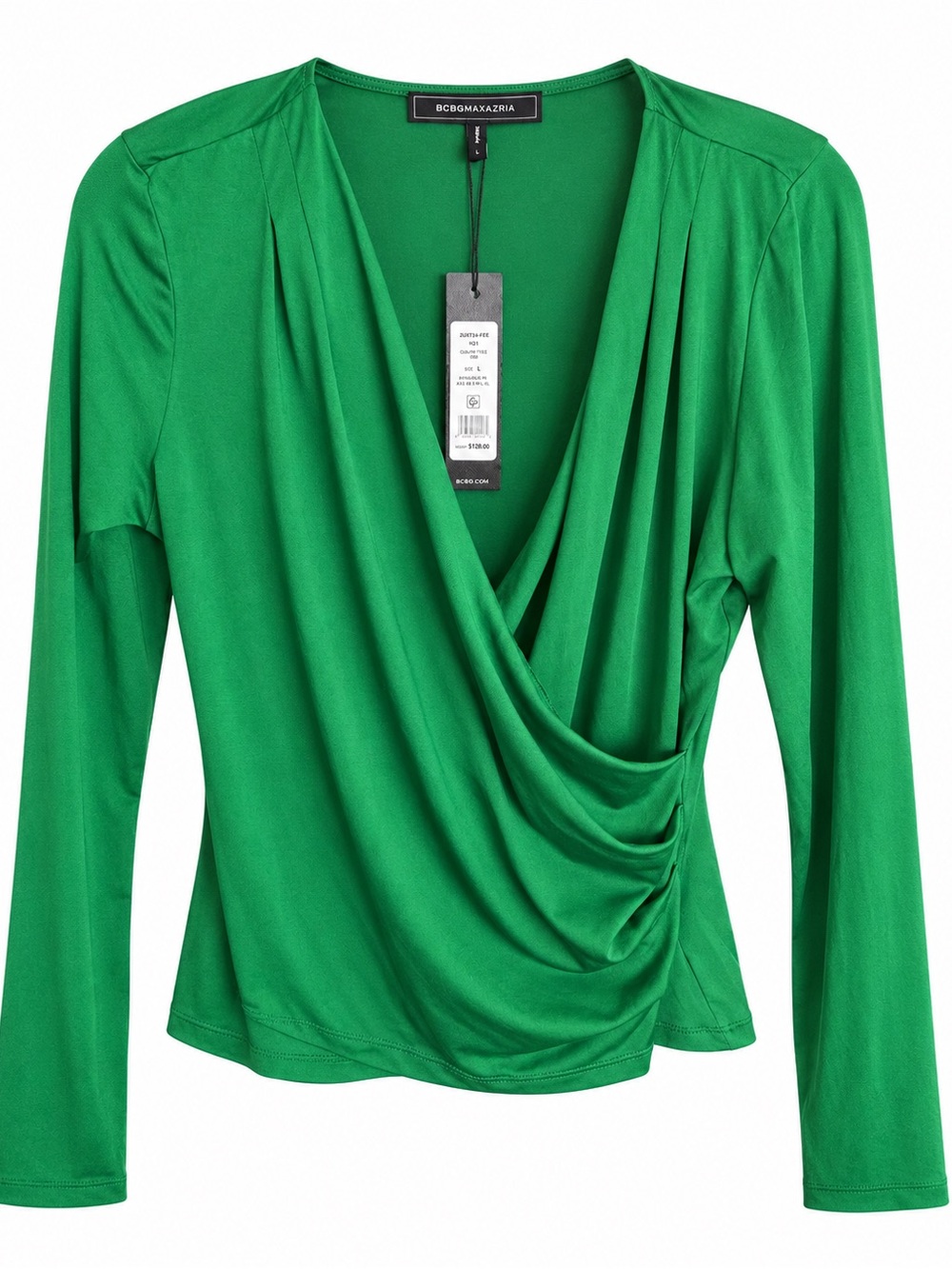 BCBGMaxAzria Emerald Green Draped Wrap Long-Sleeve Top
